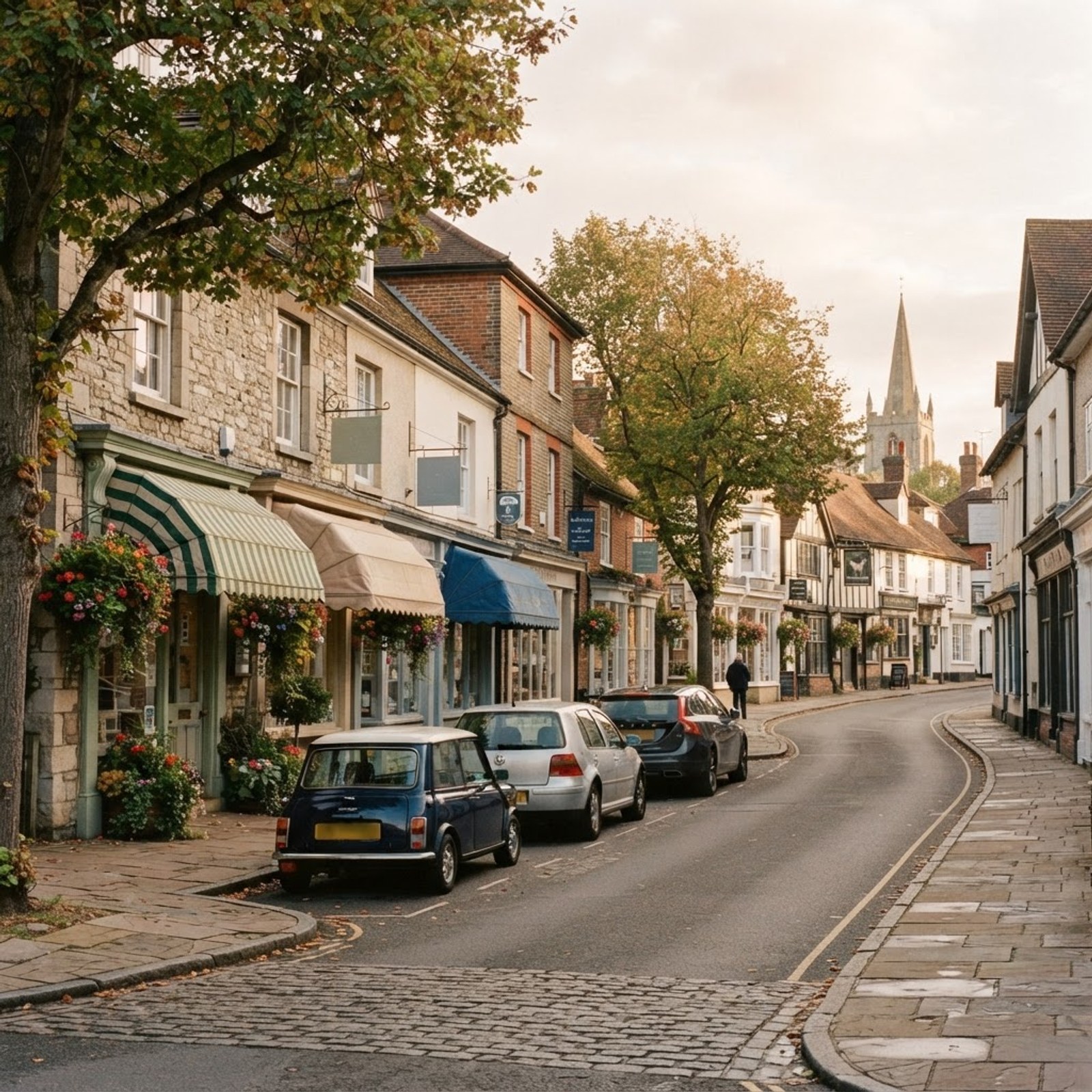 A quiet Surrey village high street in Byfleet with independent shopfronts and mature trees on a soft overcast afternoon