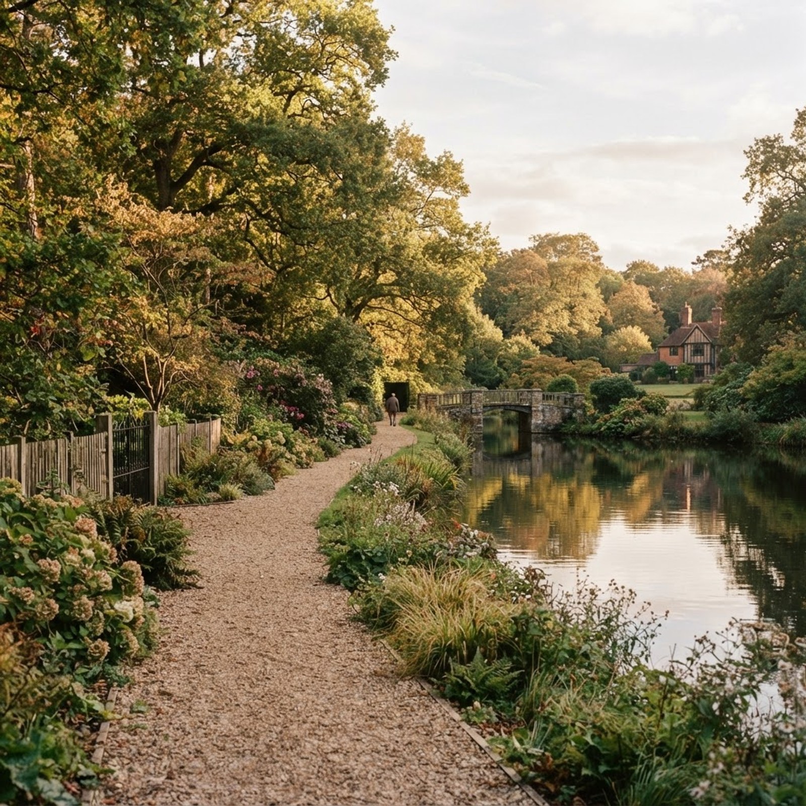 A tranquil landscaped garden path in Cobham, Surrey, with mature trees and a still ornamental lake edge in soft afternoon light