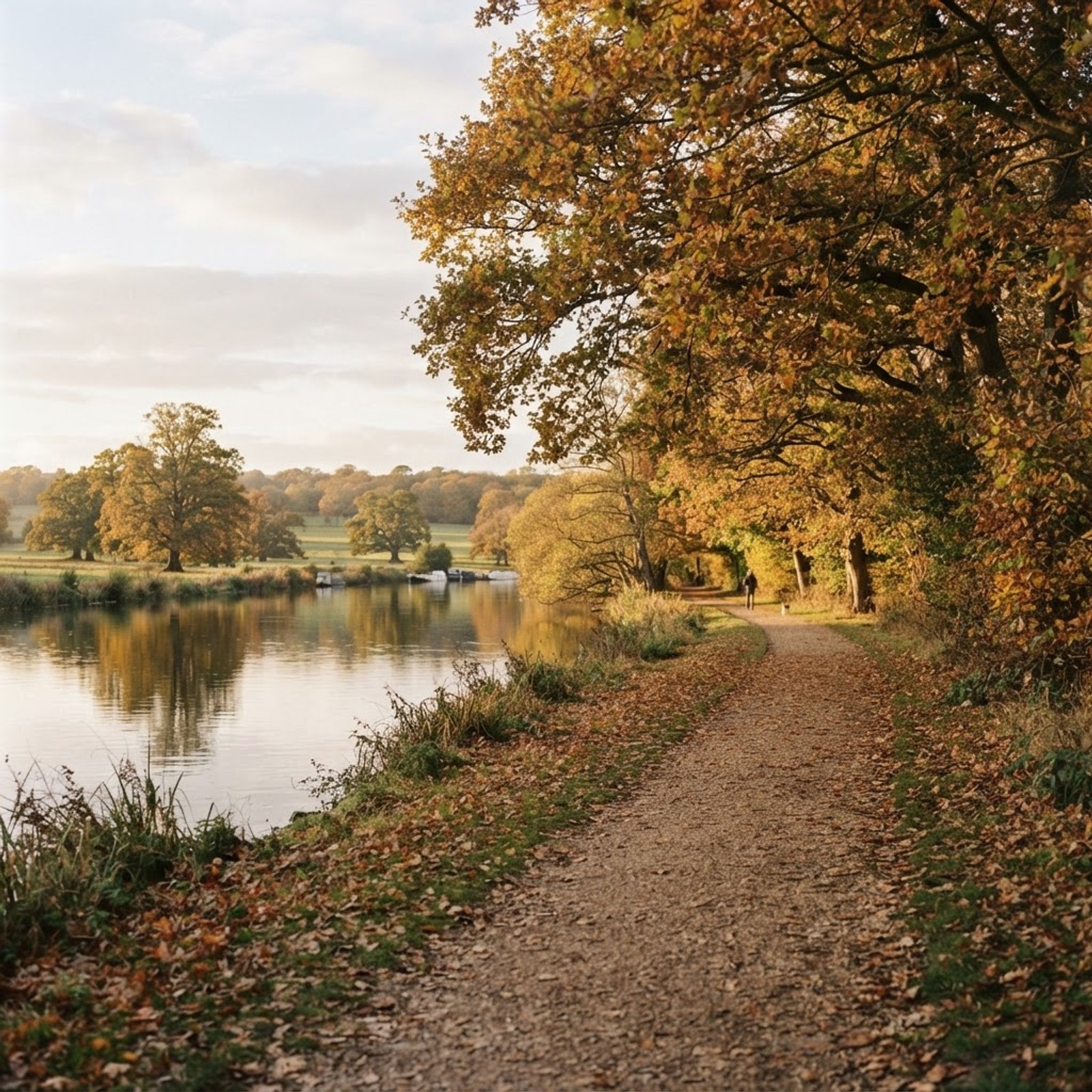 A tree-lined park path near Egham, Surrey, with soft autumnal light close to Windsor Great Park