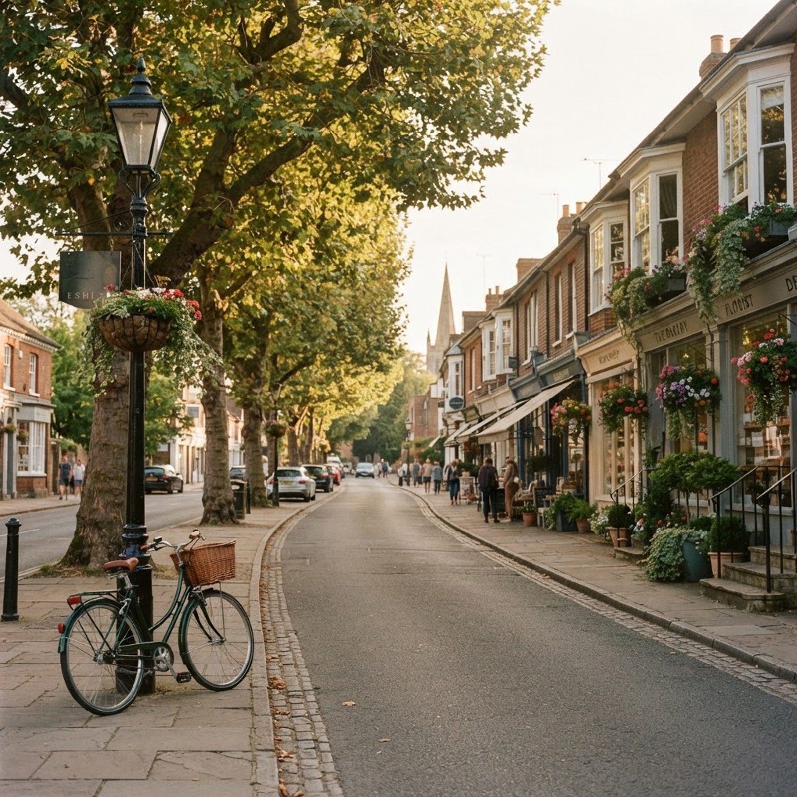 A quiet leafy high street in Esher, Surrey, with independent shopfronts and mature plane trees