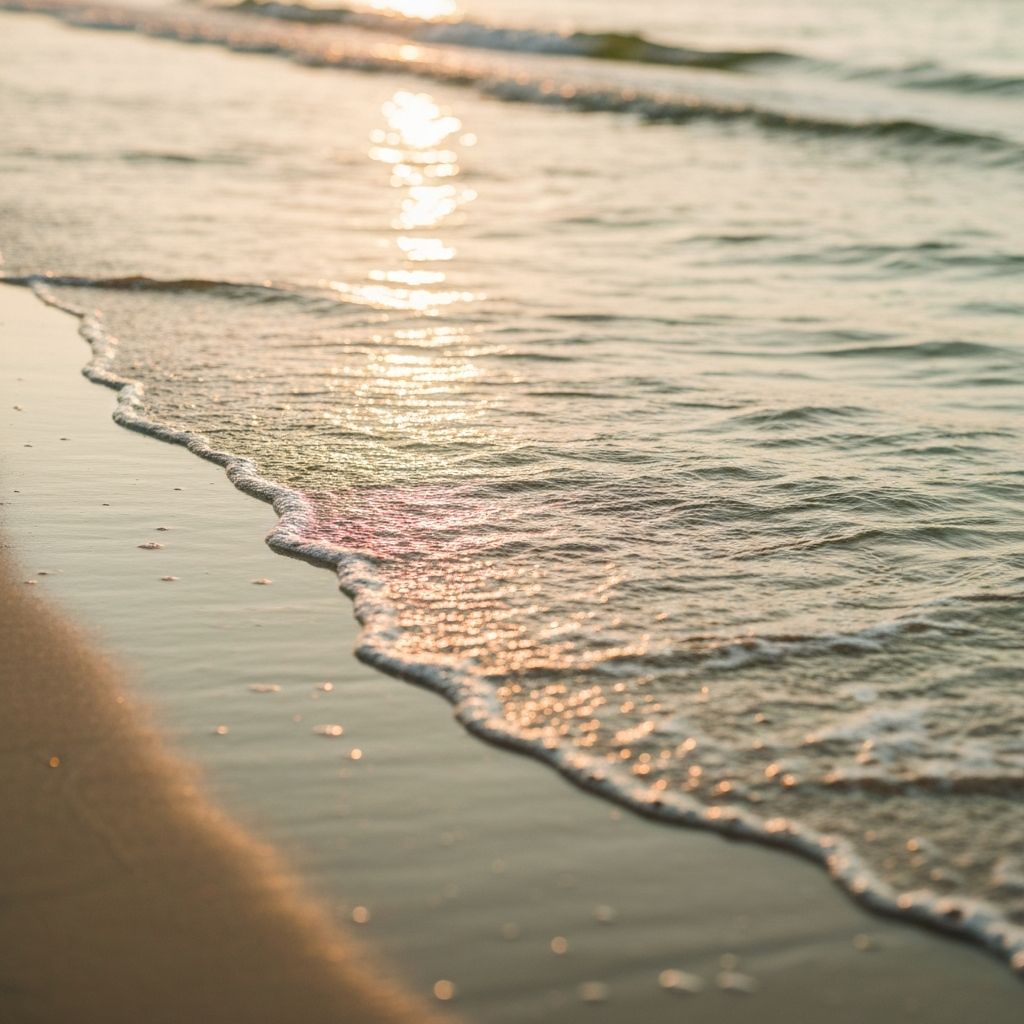 Gentle waves on a shore at golden hour, symbolising new beginnings