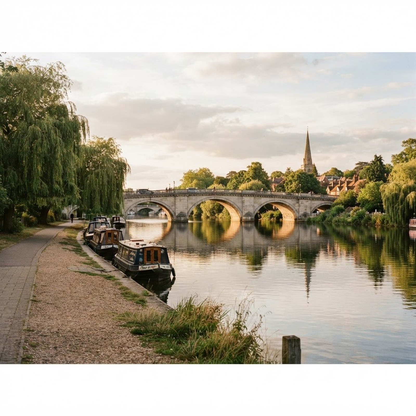 The River Thames at Staines-upon-Thames with a stone bridge and calm water reflecting soft afternoon light
